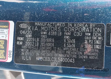 2020 Kia Niro Lxs z USA, uszkodzony, nr VIN KNDCB3LC3L5400043